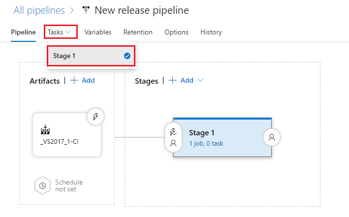 Screenshot of Azure DevOps new release pipeline properties under Tasks tab and stage 1 highlighted